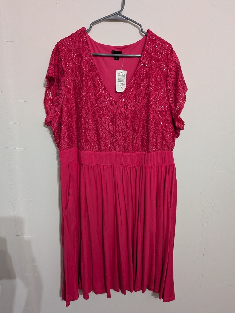 NWT Torrid Hot Pink V-Neck Lace & Sequin Midi Dress